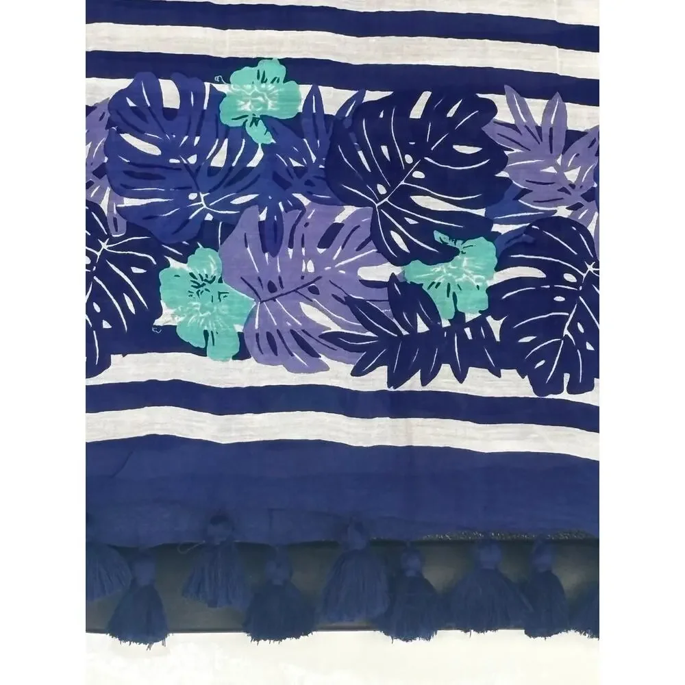 Vineyard Vines Blue & White Striped Floral Summer Scarf Tassels Lightweight